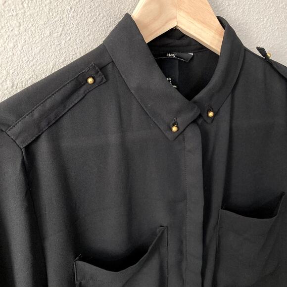 H&M Button Front Blouse - Roll Tab Sleeves - Gold Tone Button Detail - Black - 2 - Picture 4 of 10